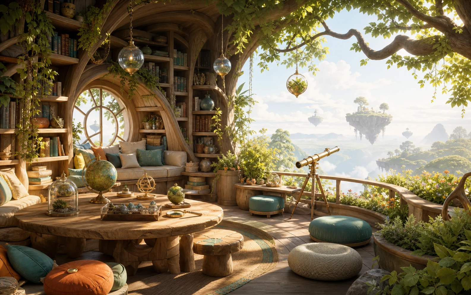 A warm, protected tree library with discovery objects and a view of distant worlds