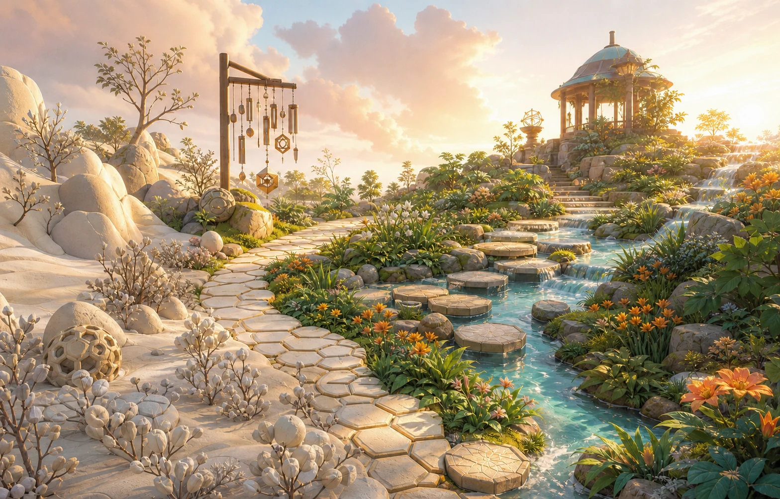 A garden changing from quiet pale stone into flowing water and bright plant life
