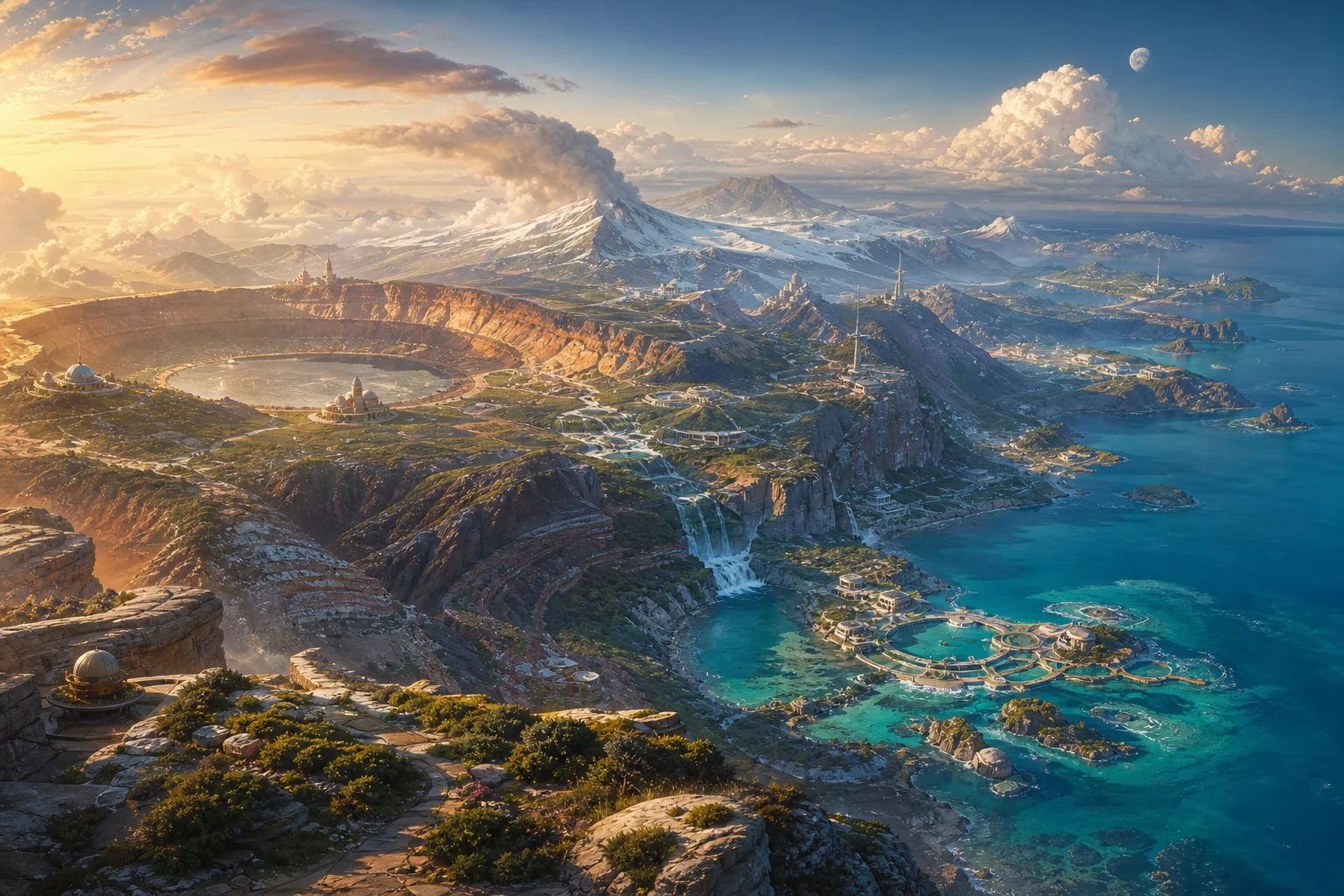 A vast Earth-science world with a caldera, volcanoes, glaciers, waterfalls, observatories, islands, and open ocean