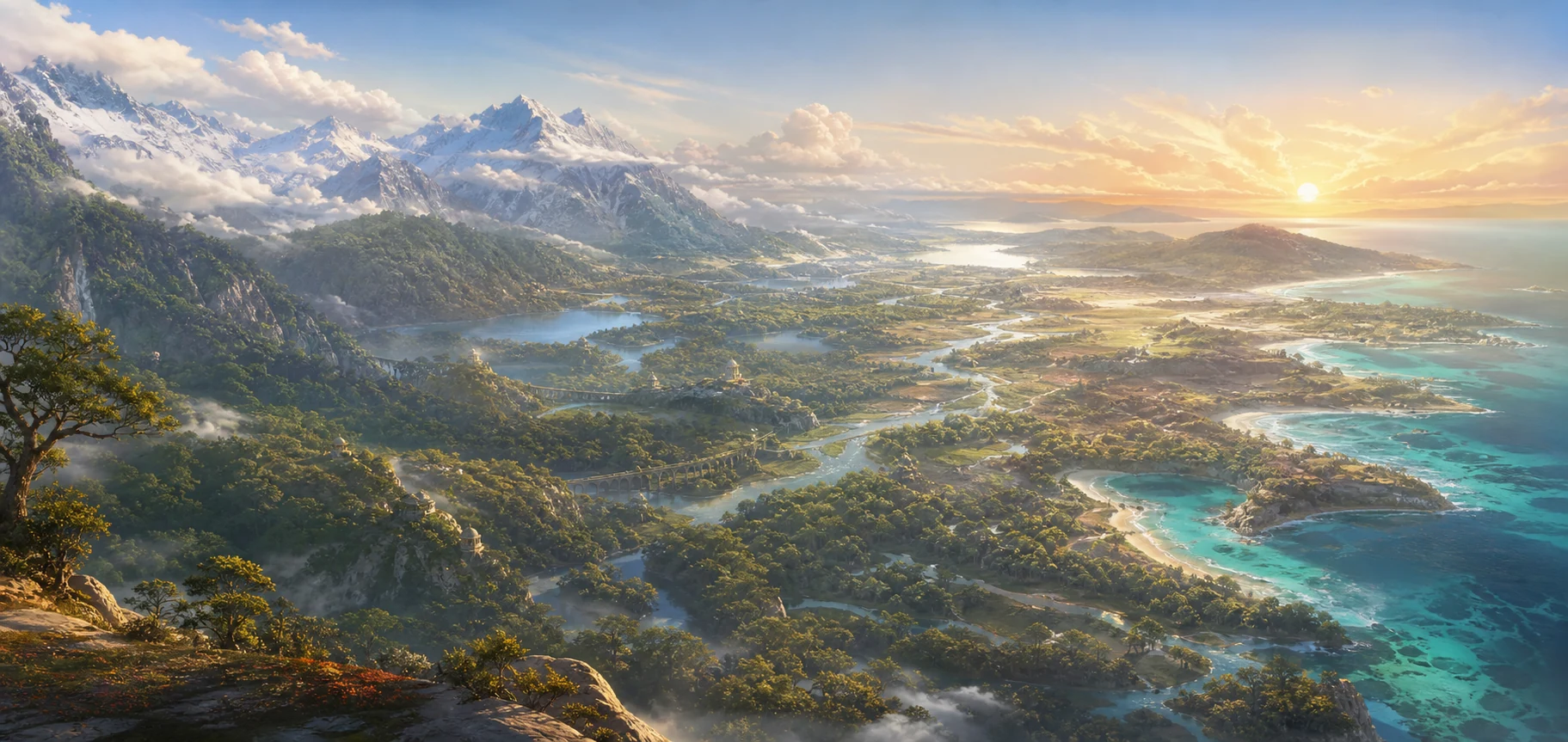 A vast living-systems world stretching from snowy mountains through forests and wetlands to a coral coast